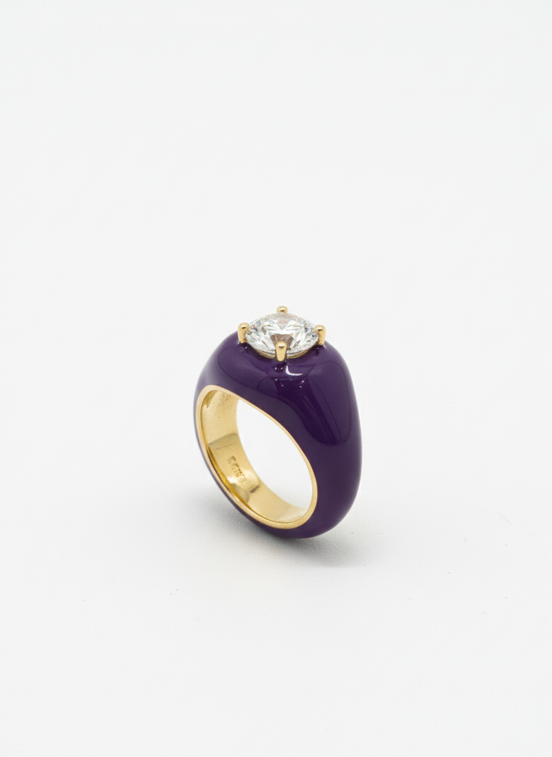Anello Da Mignolo Halo Argento925 Placcato Oro18k smalto Viola Zirconi Fofo Somani
