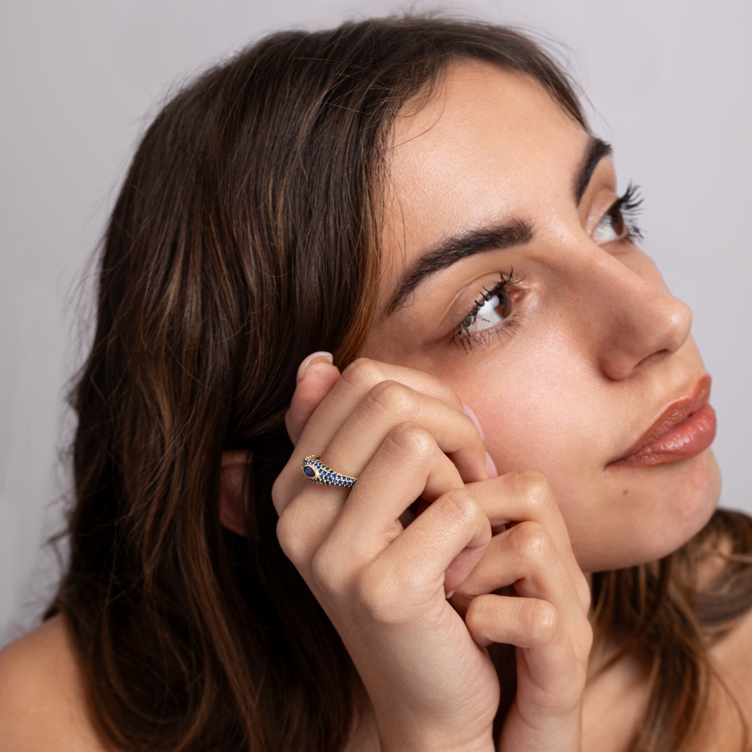 Anello Eye ton sur ton Modella Argento925 Placcato Oro18k Zirconi Blu Fofo Somani