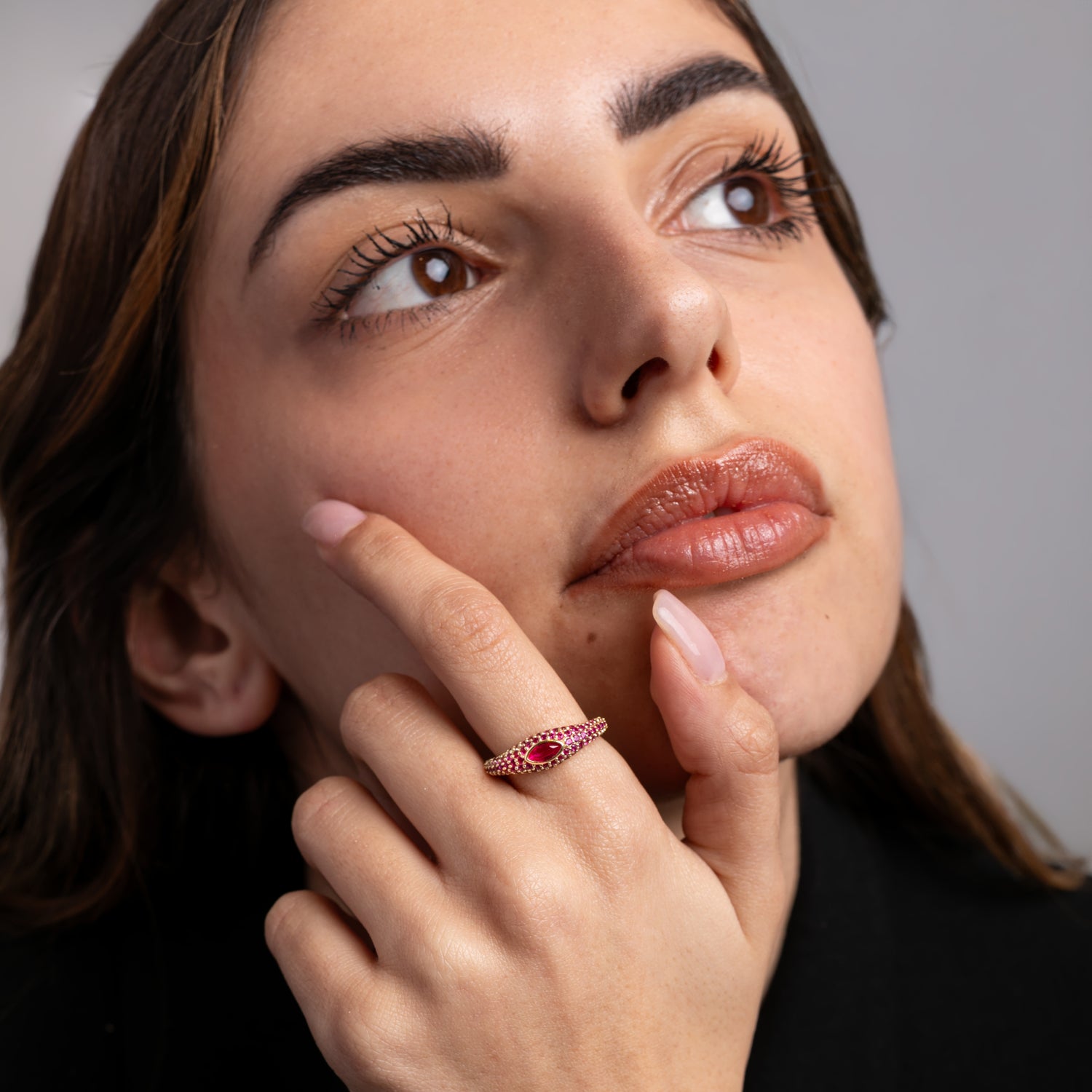 Anello Eye ton sur ton Modella Argento925 Placcato Oro18k Zirconi Fucsia Fofo Somani