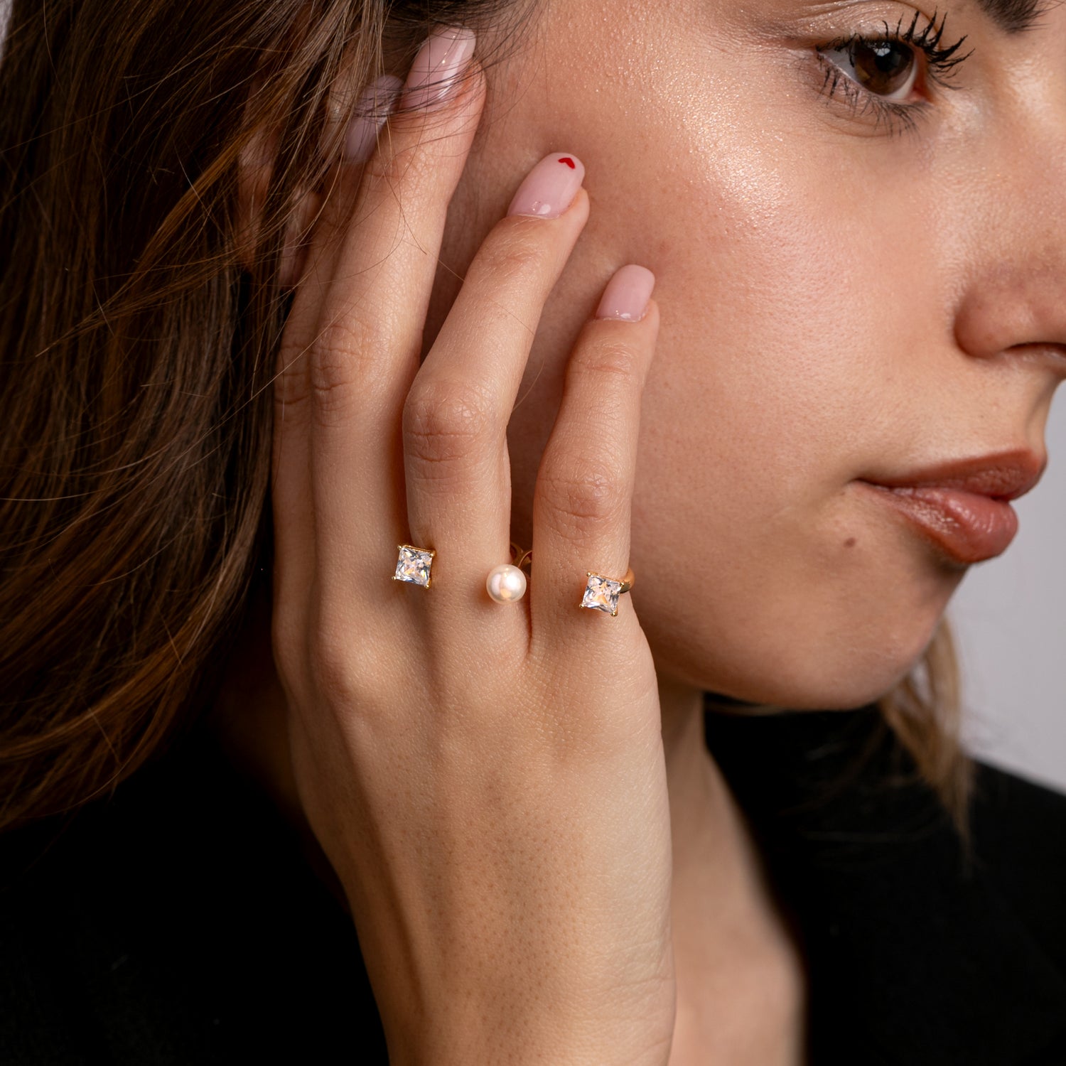 Anello Trio Ring Modella Argento925 Placcato Oro18k Perla Naturale Zircone Fofo Somani