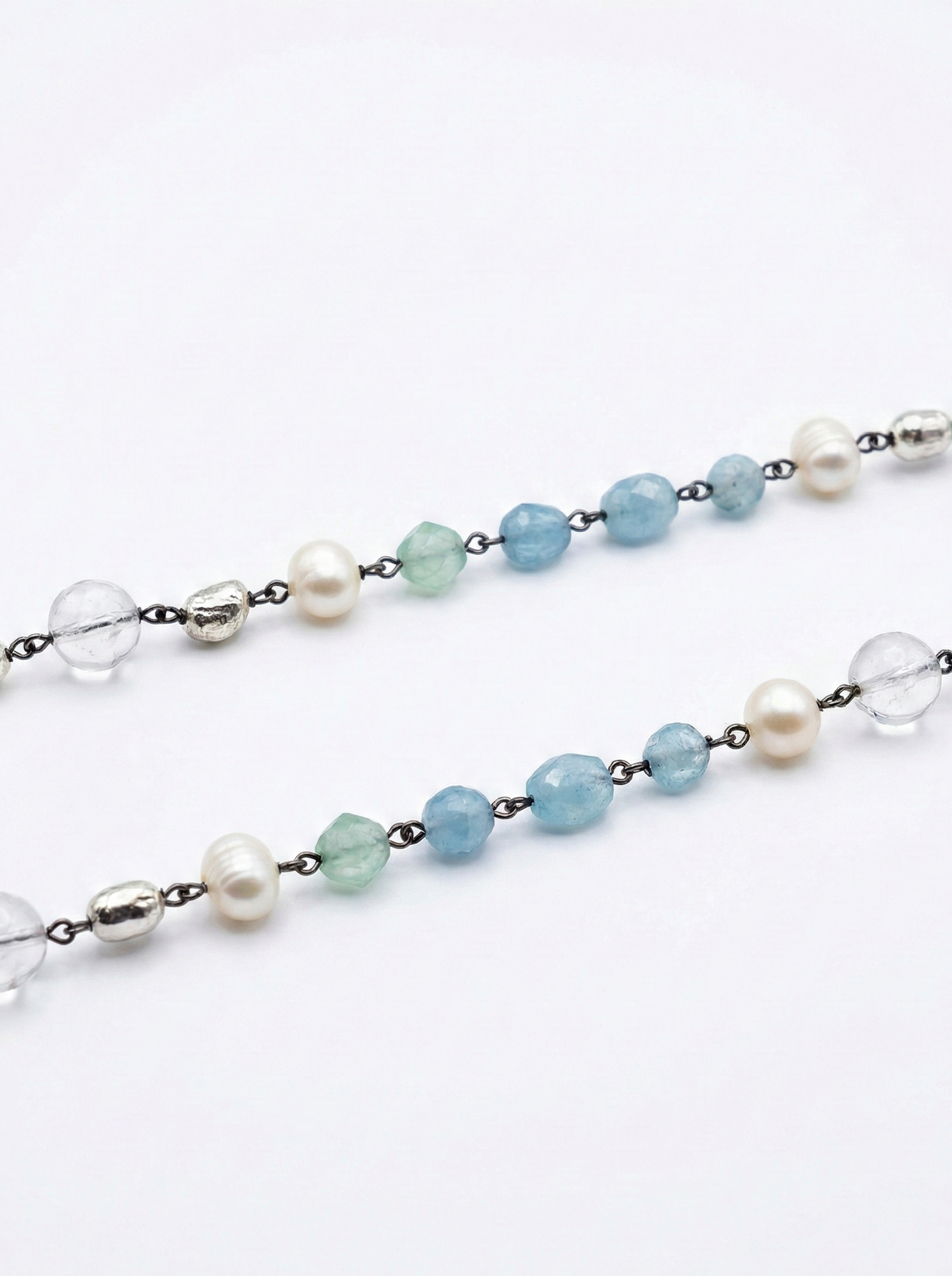 Prenite, Acquamarina, Cristallo Di Rocca, Perle di Acqua Dolce Ed Ematite Rodiata