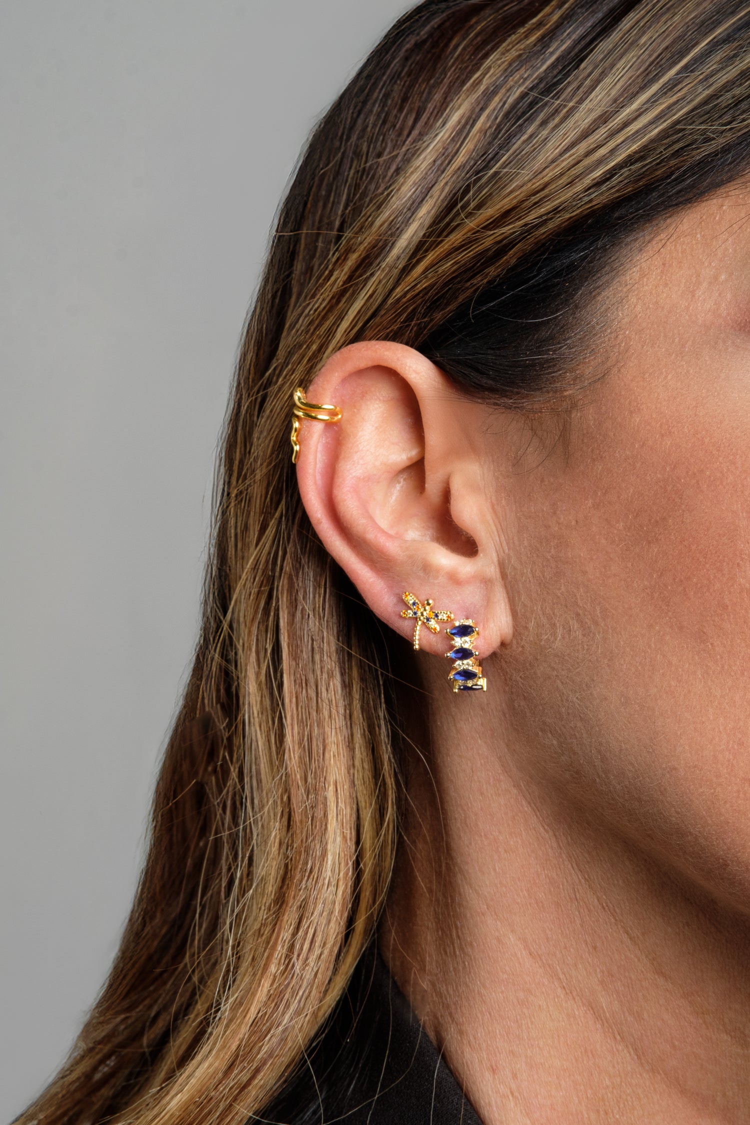 Mix And Match Monorecchino Libellula Argento925 Placcato Oro18k Zirconi Multicolor Fofo Somani