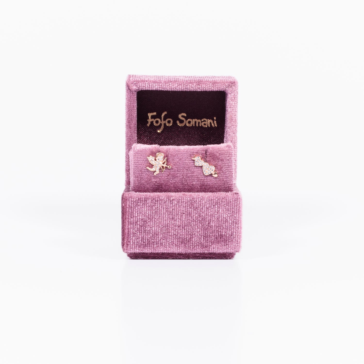 Mono Orecchino Cupido Argento 925 Placcato Oro Rosa e Zirconi Bianchi Fofo Somani confezione