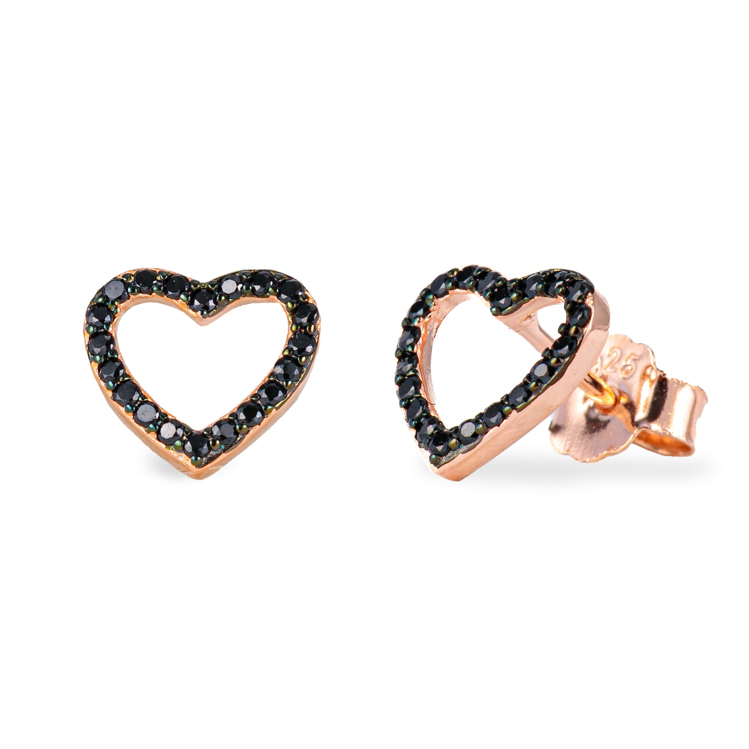 Monorecchino Cuore Vuoto Black Argento925 Placcato oro rosa zirconi neri fofo Somani