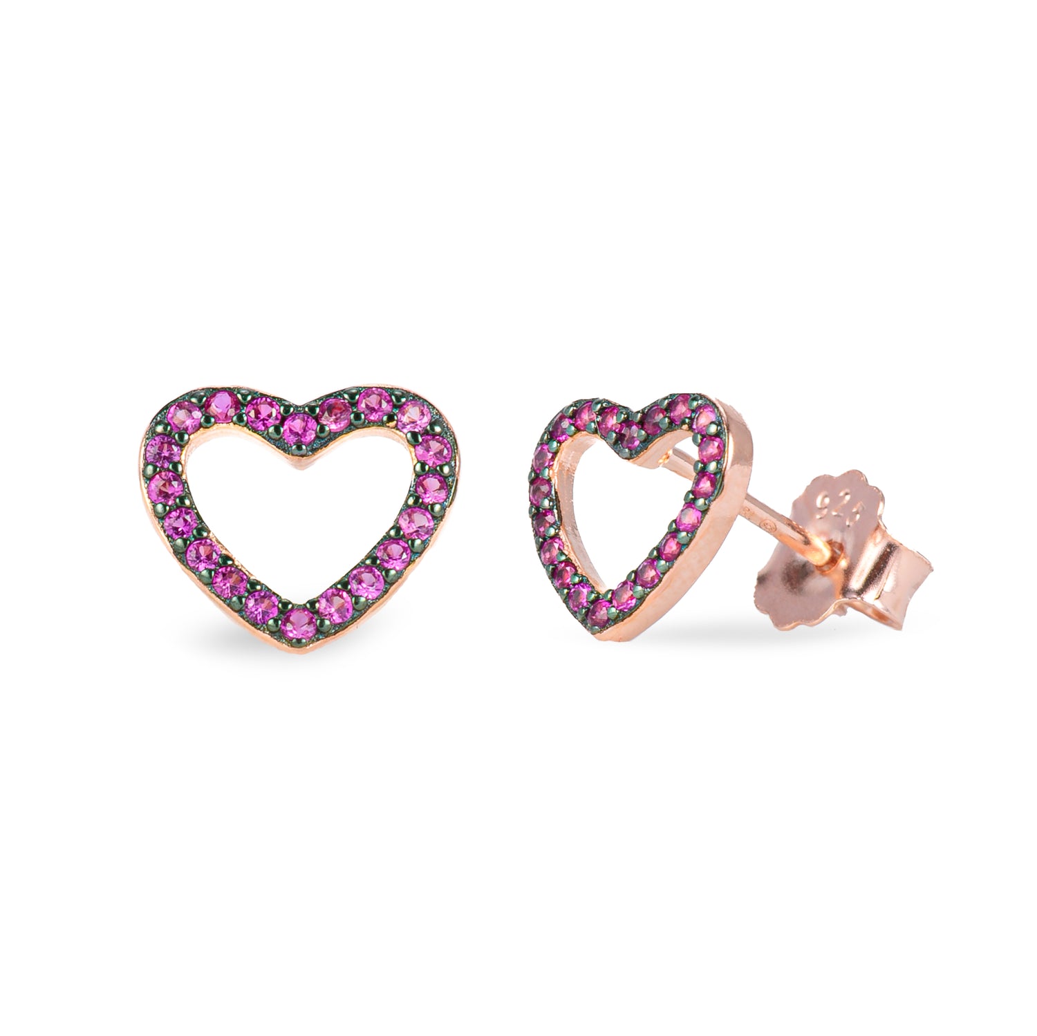 Monorecchino Cuore Vuoto Pink Argento925 Placcato oro rosa zirconi fucsia fofo Somani