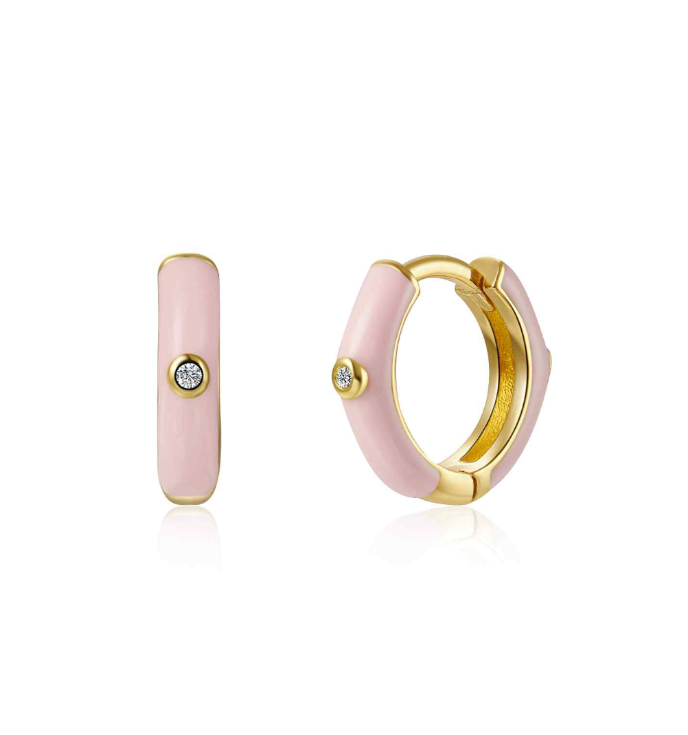 Monorecchino Smaltato Argento925 Placcato Oro18k Zirconi Smalto Rosa Fofo Somani