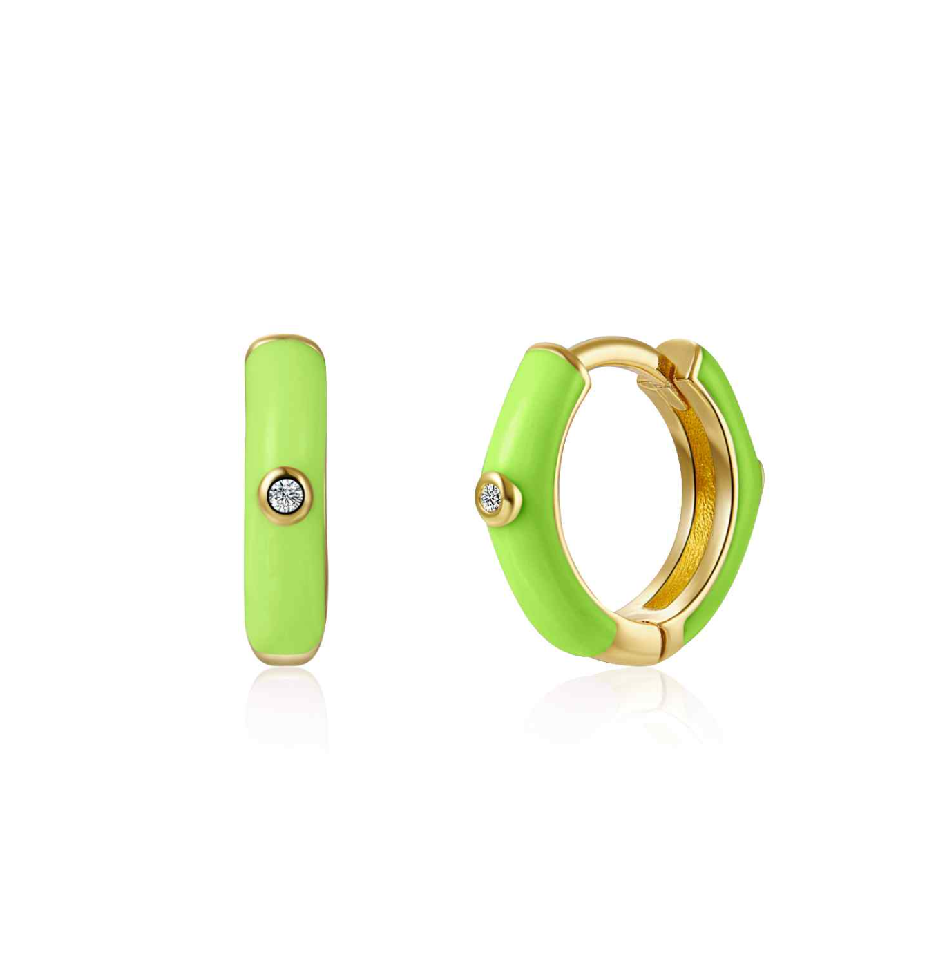 Monorecchino Smaltato Argento925 Placcato Oro18k Zirconi Smalto Verde Chiaro Fofo Somani