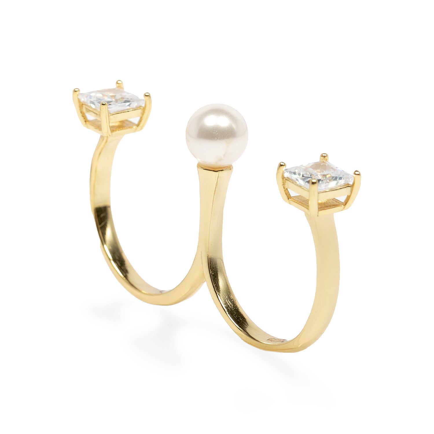 Anello Trio Ring Argento925 Placcato Oro18k Perla Naturale Zircone Fofo Somani