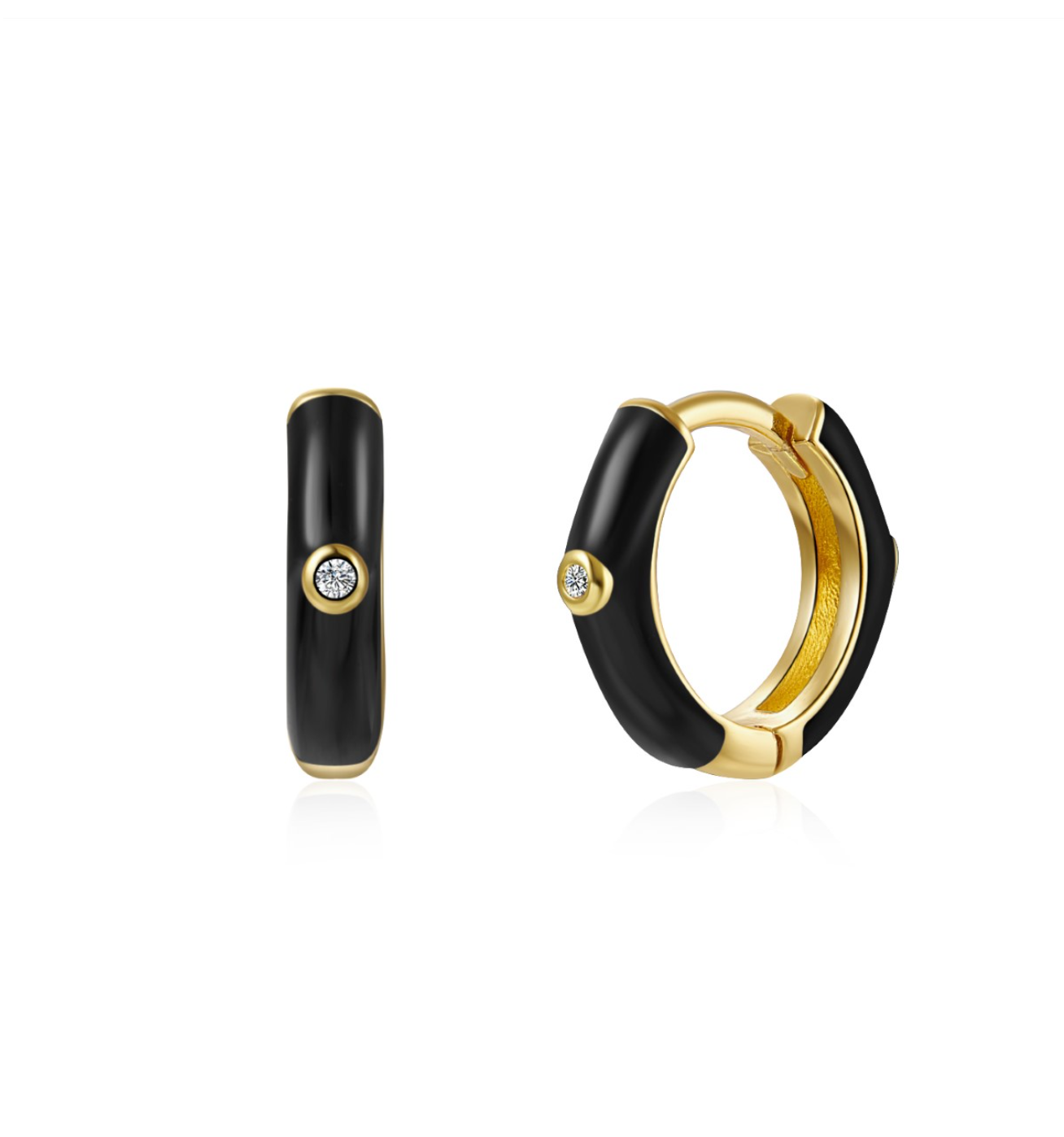 Monorecchino Smaltato Argento925 Placcato Oro18k Zirconi Smalto Nero Fofo Somani